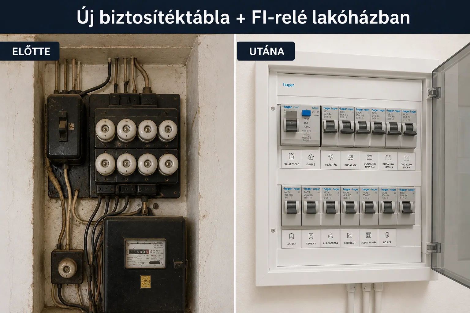 Új biztosítéktábla + FI-relé — előtte és utána