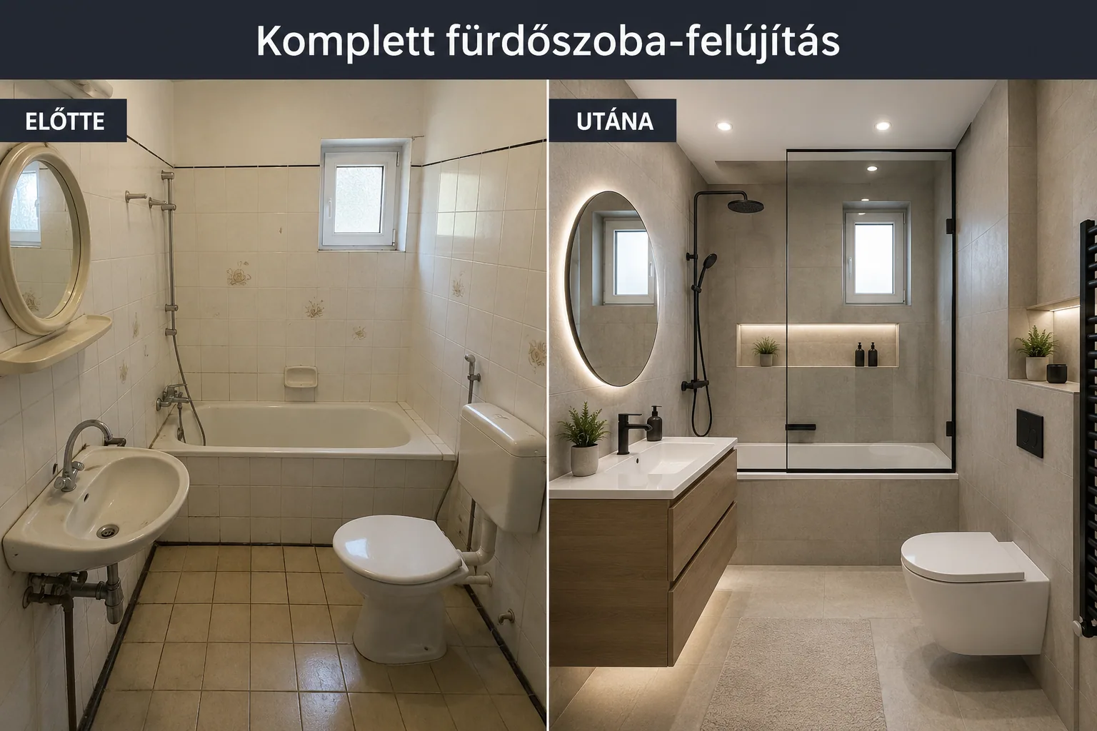 Komplett fürdőszoba-felújítás — előtte és utána