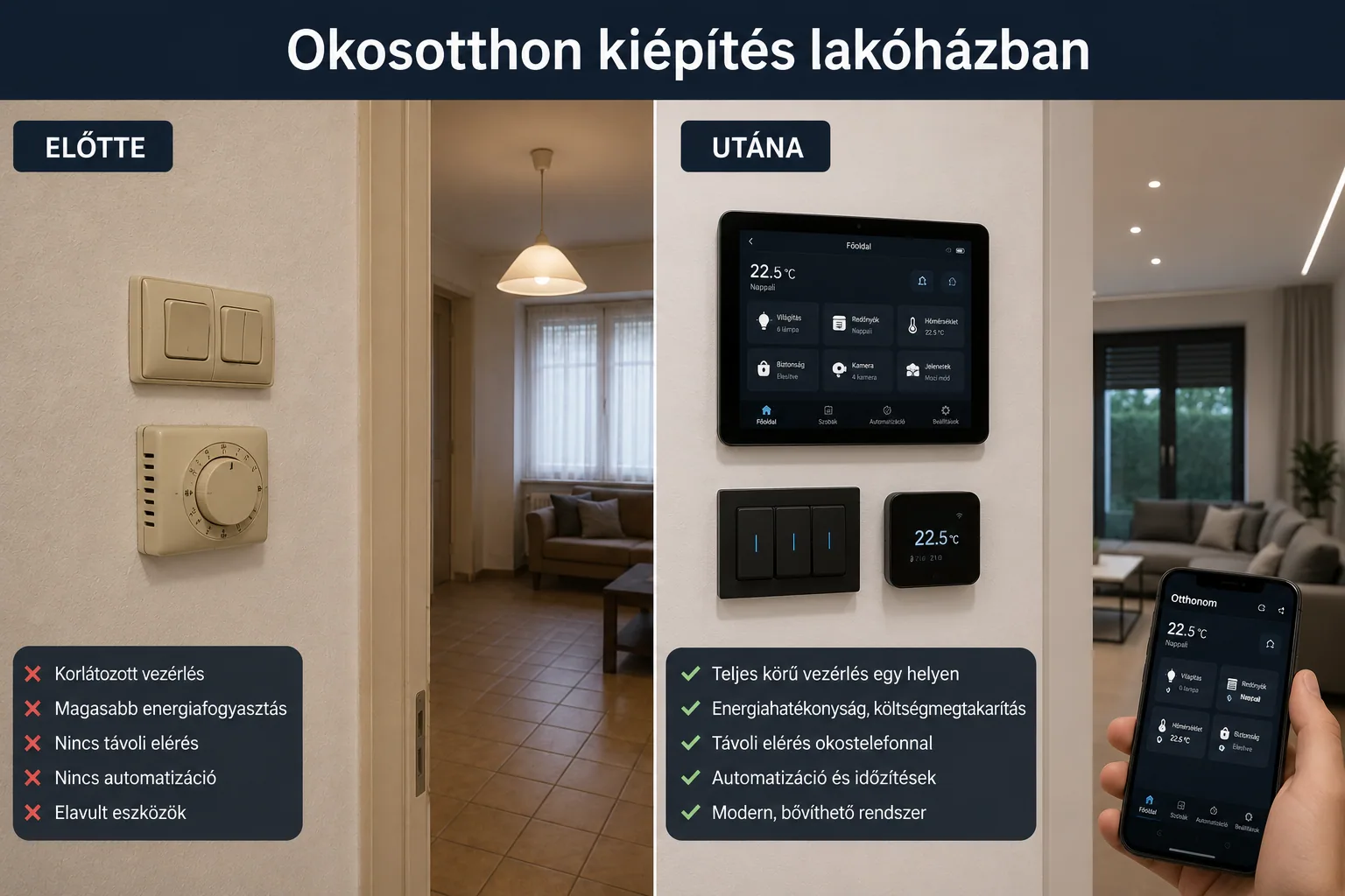 Okosotthon kiépítés — előtte és utána